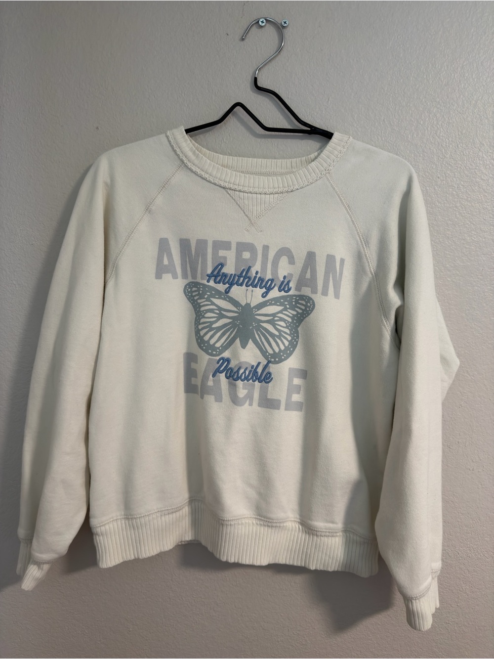 American Eagle Outfitters Cream Crewneck Sweatshirt with Blue Butterfly Graphic